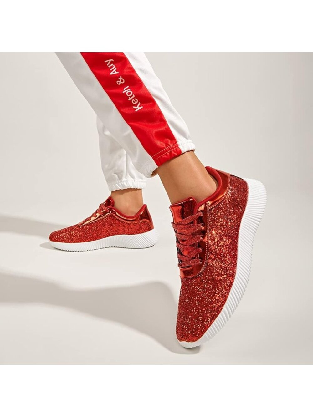 Women's Red Lightweight Tennis Shoes Glitter Sparkly Fashion Sneakers - Picture 6 of 6